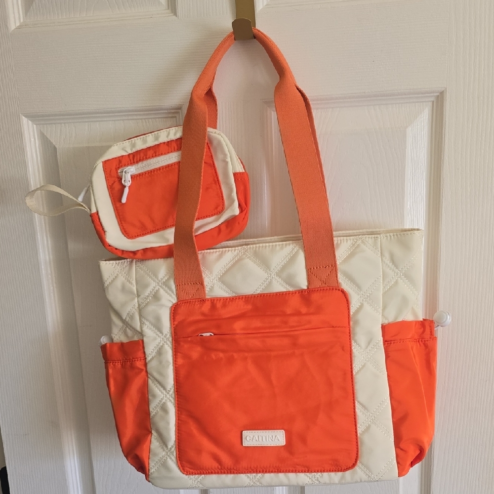 Caitina Orange & Cream Quilted Tote Bag with Pouch. 🆕